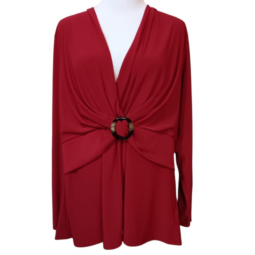 VINTAGE GILLI Stretchy Blouse Top Plus 2X V-Neck Surplice Red Career Dressy Trip